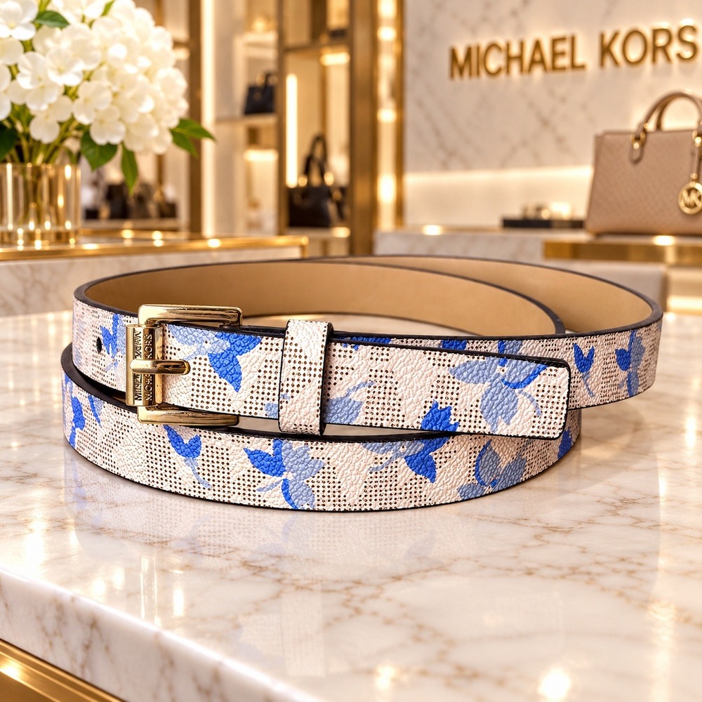 Michael Kors Womens Skinny Belt Blue White Floral Monogram Size Large